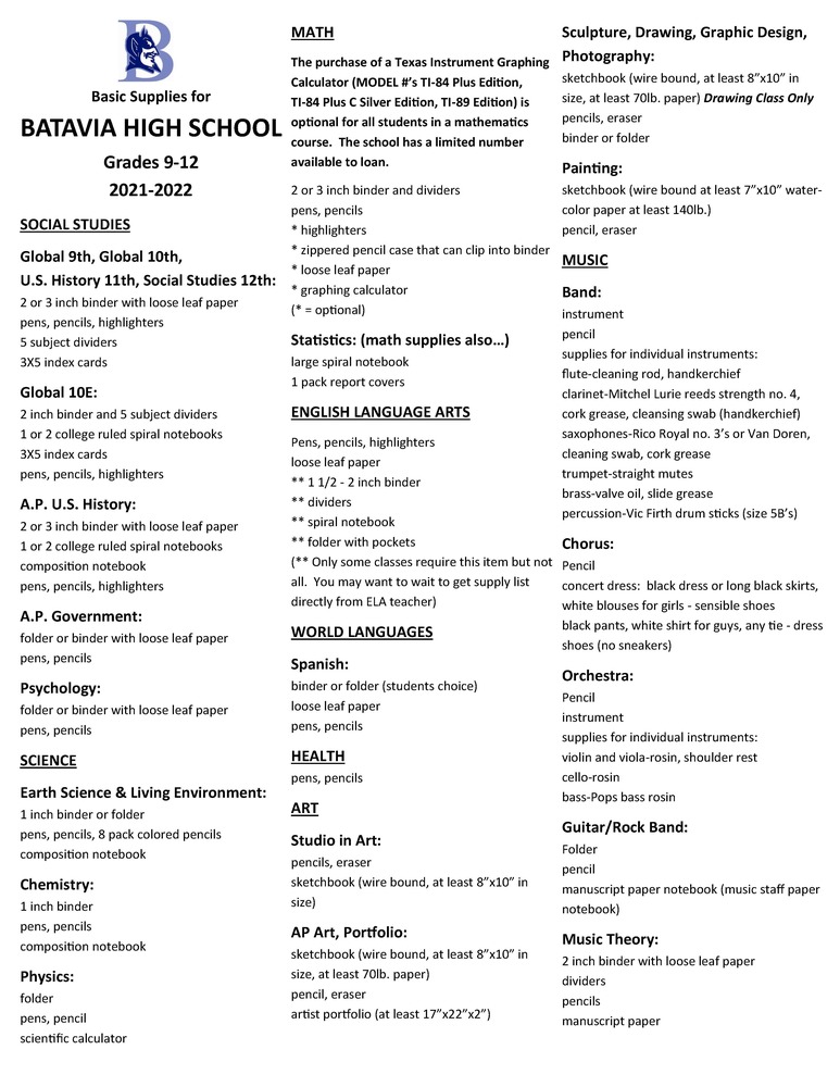 2021-2022 BHS School Supply List